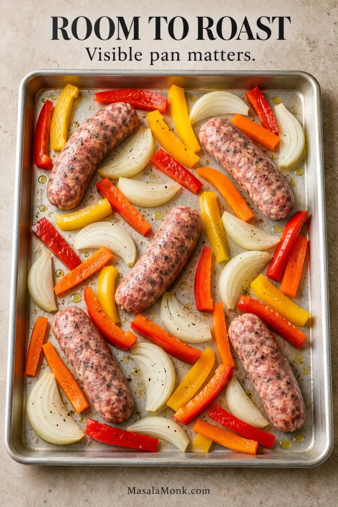 Raw Italian sausage links, bell pepper strips and yellow onion wedges arranged in a loose single layer on an aluminum sheet pan with visible metal between the ingredients.
