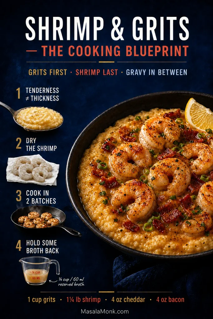 Cooking blueprint showing tender grits, dried shrimp, two-batch searing, reserved broth and a finished tails-off shrimp-and-grits bowl.