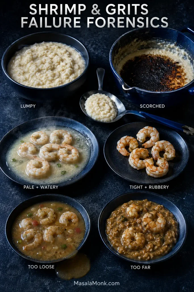 Cooking examples showing lumpy and scorched grits, pale watery and overcooked shrimp, thin gravy and over-reduced gravy.