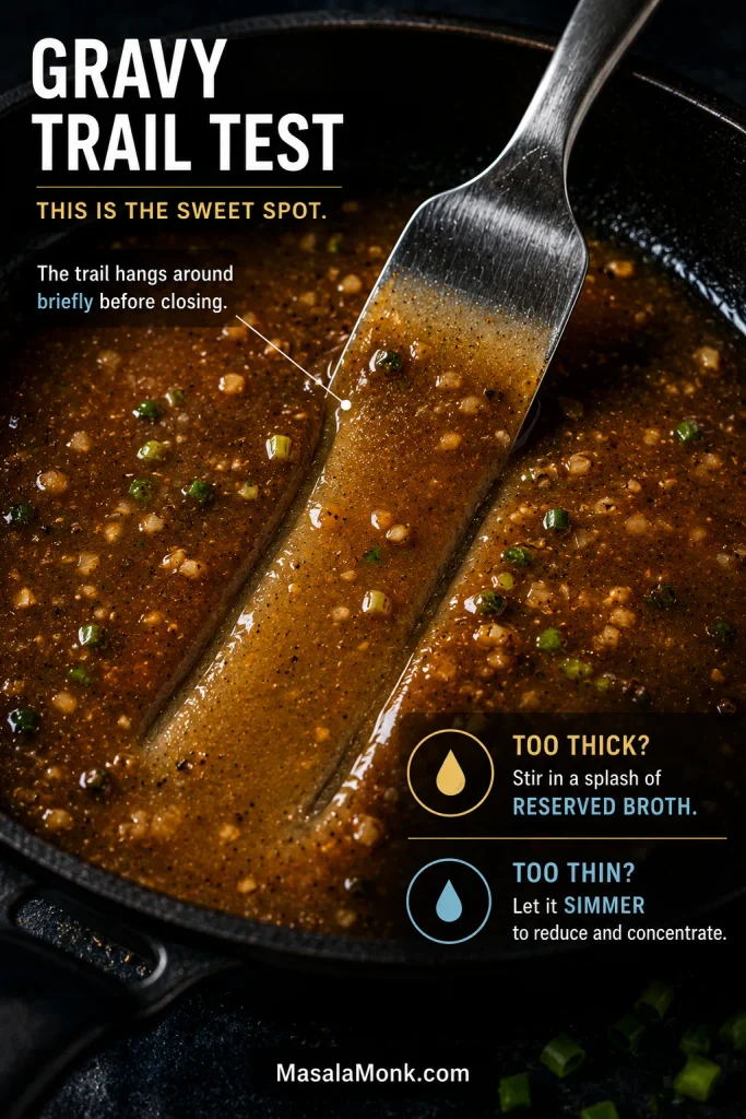 A spatula dragged through glossy amber pan gravy, leaving a trail that stays visible briefly before flowing closed.