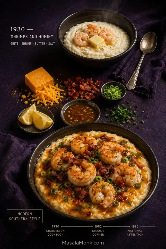 Editorial comparison of a simple early shrimp-and-grits bowl with butter and salt and a modern version with cheddar, bacon, gravy, scallions and lemon.