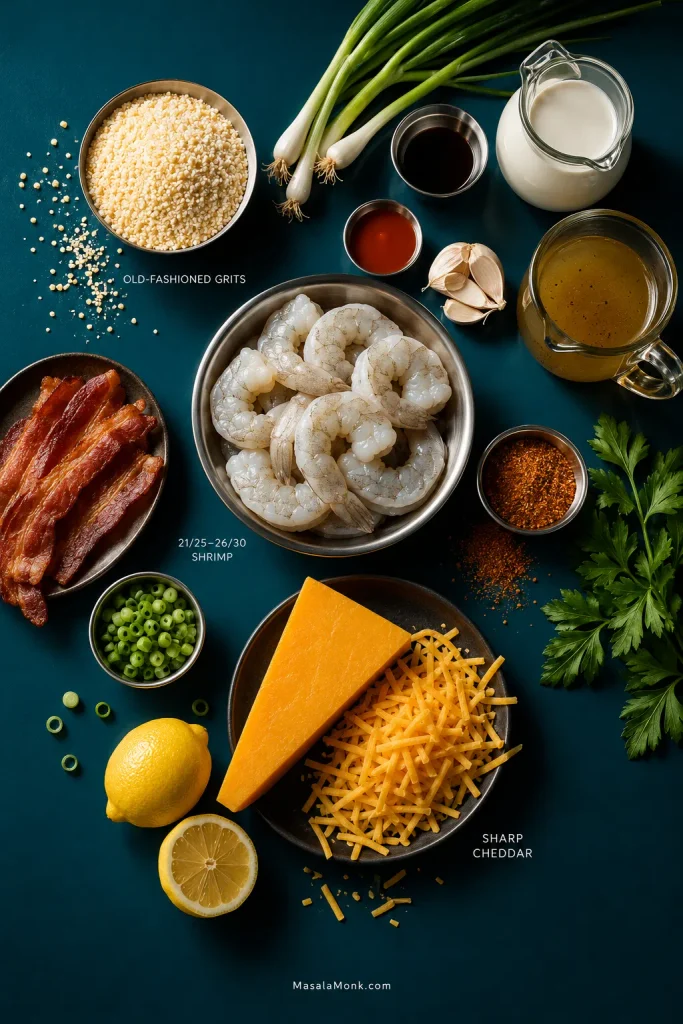 Overhead arrangement of raw tails-off shrimp, old-fashioned grits, sharp cheddar, bacon, lemon, garlic, scallions, cream, broth, seasonings and herbs.