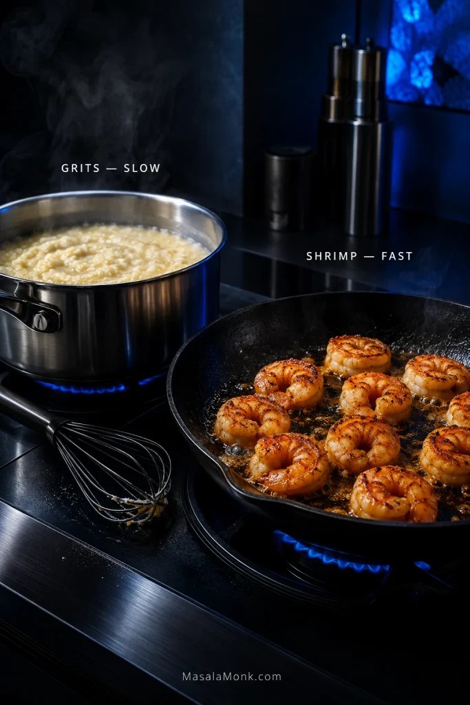 A saucepan of gently simmering grits beside a hot skillet of searing tails-off shrimp, showing their different cooking speeds.