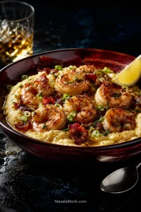 Creamy cheddar grits topped with browned tails-off shrimp, crisp bacon, scallions, parsley, light pan gravy and lemon.