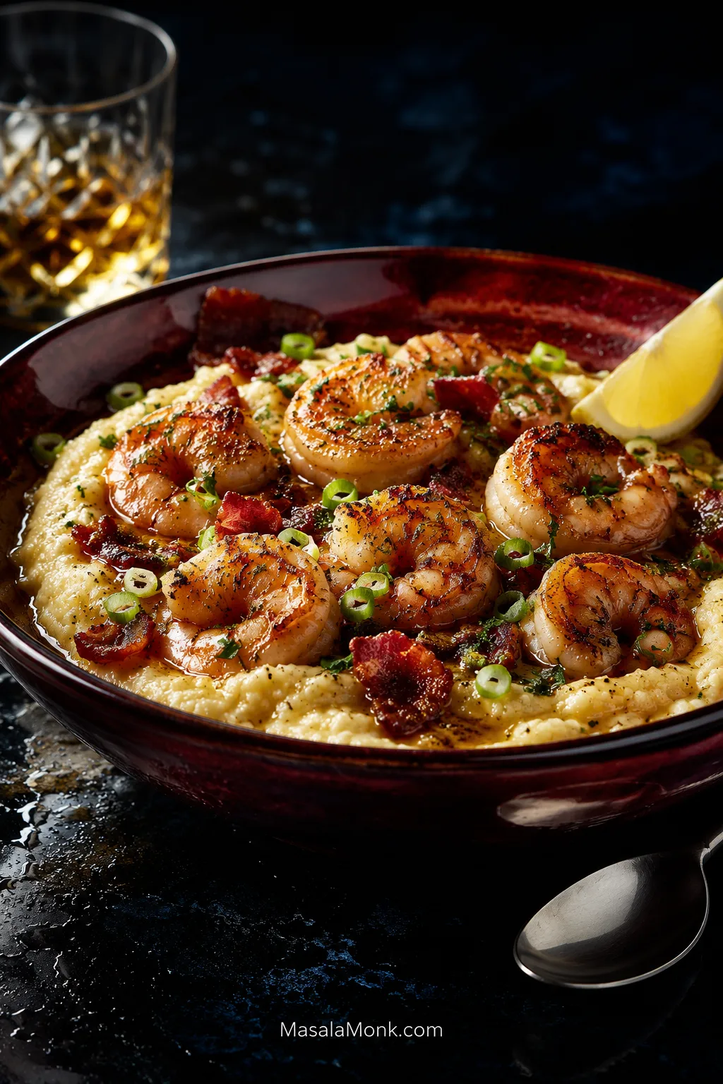 Creamy cheddar grits topped with browned tails-off shrimp, crisp bacon, scallions, parsley, light pan gravy and lemon.