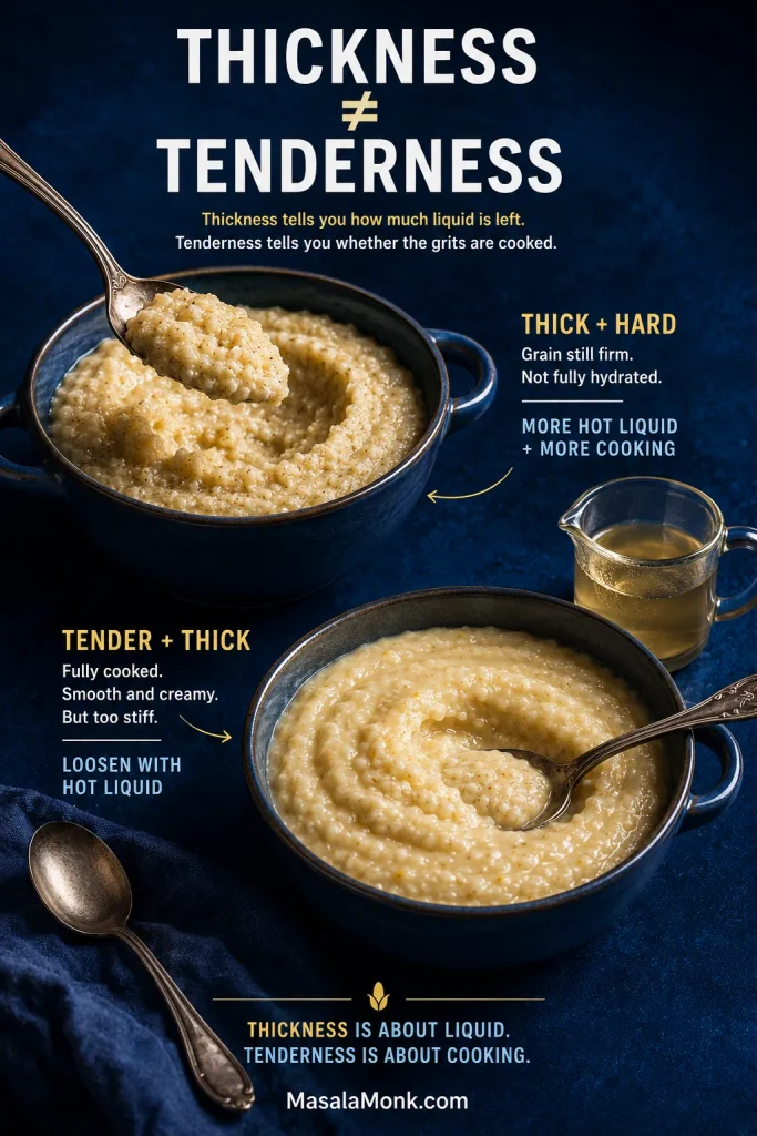 Two bowls comparing thick undercooked grits with tender but overly thick grits and showing their different adjustments.