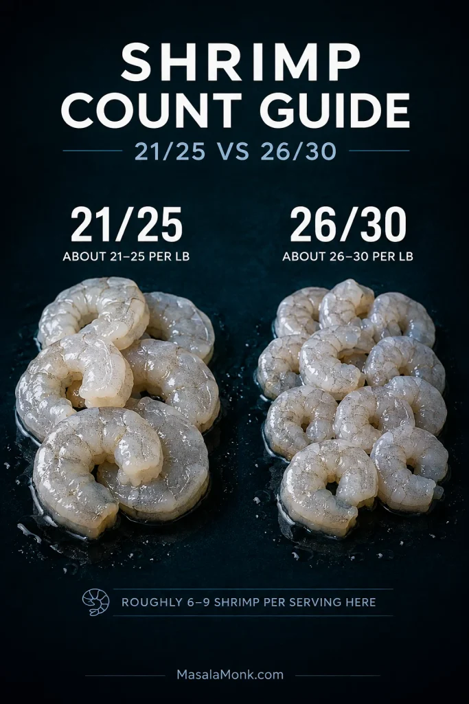 Raw peeled tails-off shrimp arranged in 21/25 and 26/30 count groups, with the 21/25 shrimp slightly larger.