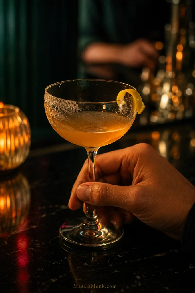 Partly consumed Sidecar held by the stem in a dark green bar, with a disturbed sugar rim and relaxed lemon twist.