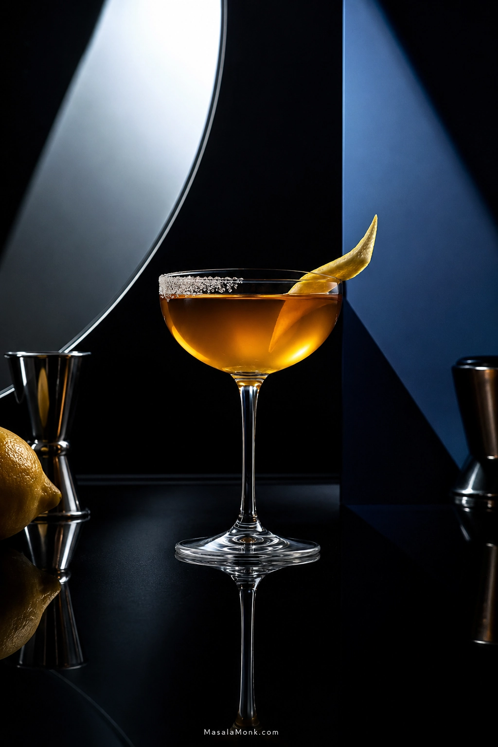 Classic Sidecar cocktail made with Cognac, Cointreau and fresh lemon juice, served up in a coupe with a partial sugar rim and lemon twist.