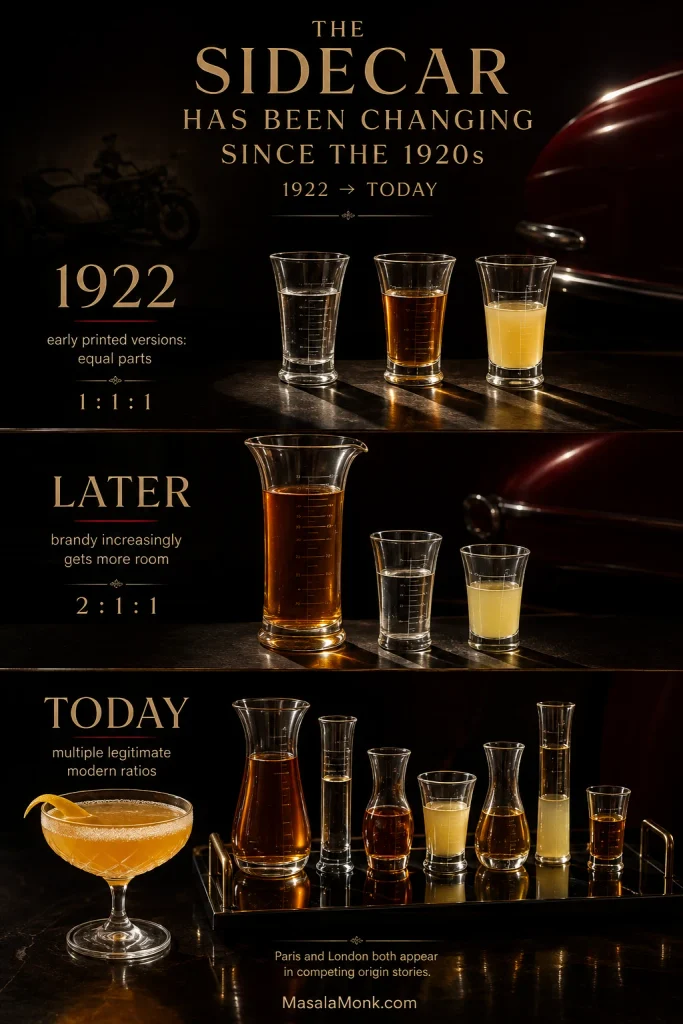 Sidecar history graphic showing 1922 equal-parts 1:1:1, a later 2:1:1 brandy-forward ratio and varied modern Sidecar proportions.