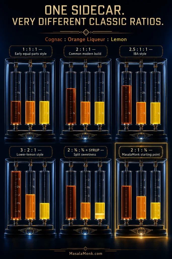 Sidecar ratio comparison showing six classic formulas, from equal parts to brandy-forward builds, with the 2:1:¾ MasalaMonk starting point highlighted.