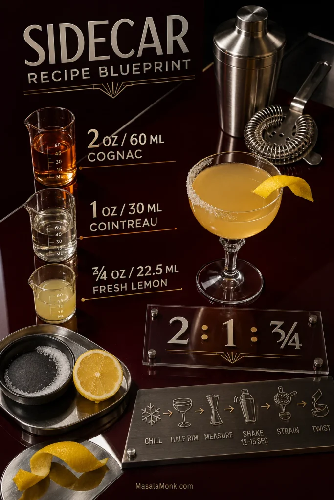 Sidecar recipe blueprint showing 2 oz Cognac, 1 oz Cointreau, ¾ oz fresh lemon, and the chill, half-rim, measure, shake, strain and twist sequence.