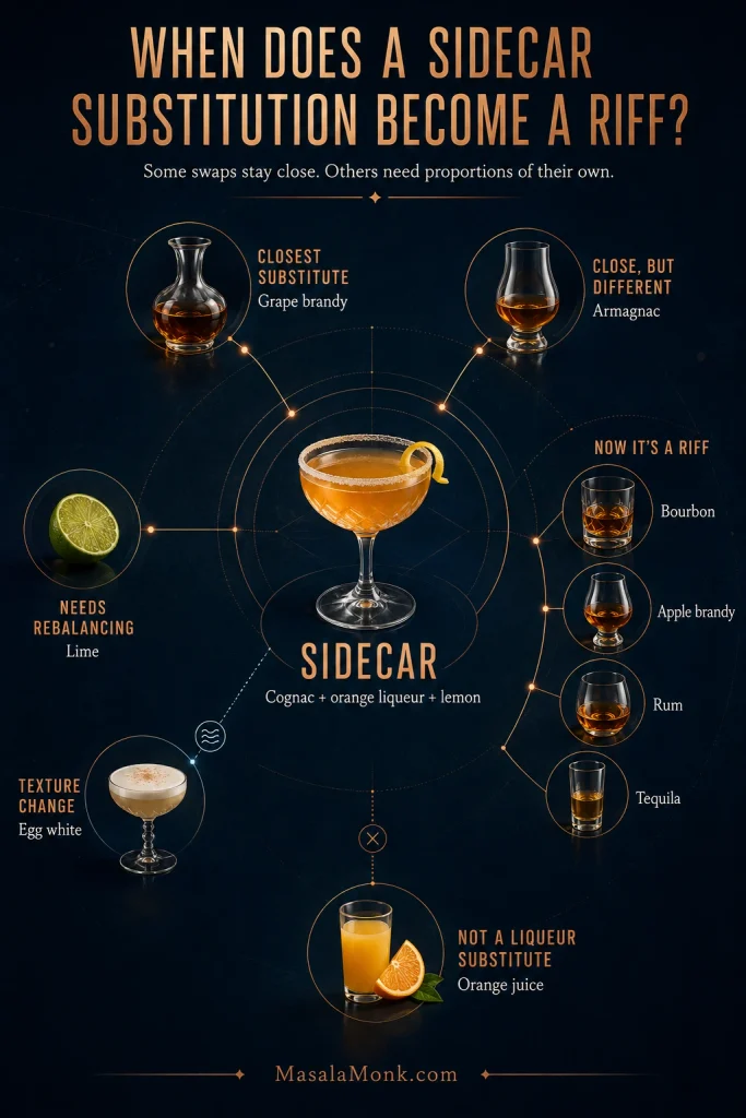 Sidecar substitution map placing grape brandy and Armagnac close to the classic drink, lime as needing rebalancing, and bourbon, apple brandy, rum and tequila as riffs.