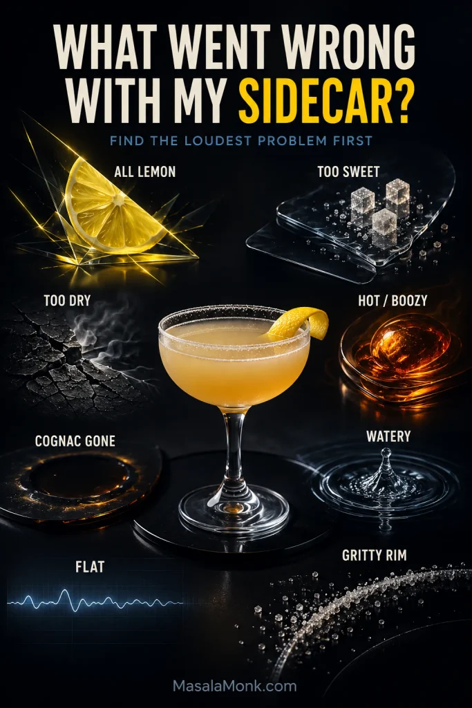 Sidecar troubleshooting graphic with the symptoms all lemon, too sweet, too dry, hot or boozy, Cognac gone, watery, flat and gritty rim around a cocktail.