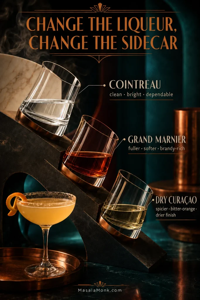 Comparison of clear Cointreau, amber Grand Marnier and pale dry curaçao beside a finished Sidecar cocktail.