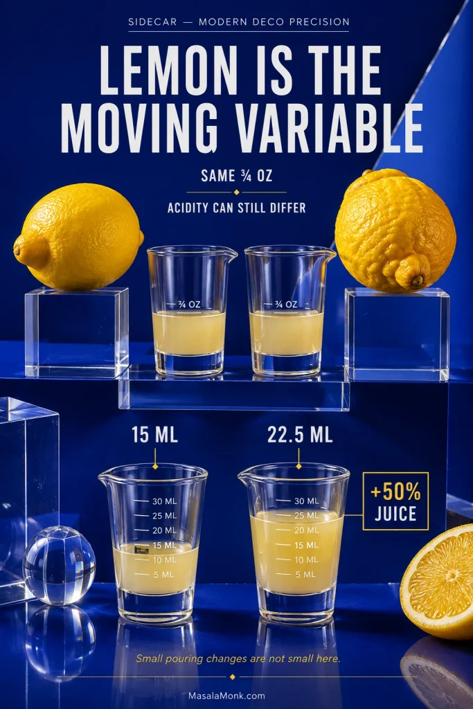 Two lemons and measured lemon juice showing that the same ¾ oz can vary in acidity, plus a 15 ml versus 22.5 ml volume comparison.