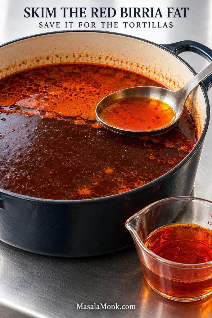 Ladle skimming a translucent orange-red fat layer from the surface of darker birria consommé in a Dutch oven.