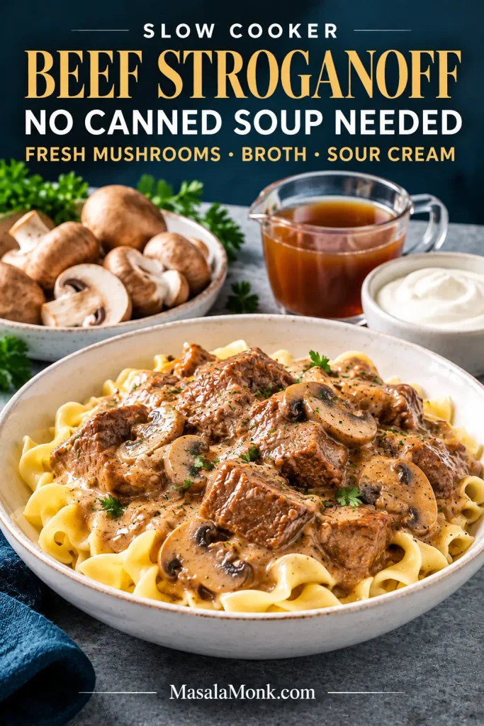 Finished beef stroganoff with wide egg noodles beside fresh mushrooms, beef broth and a bowl of sour cream.