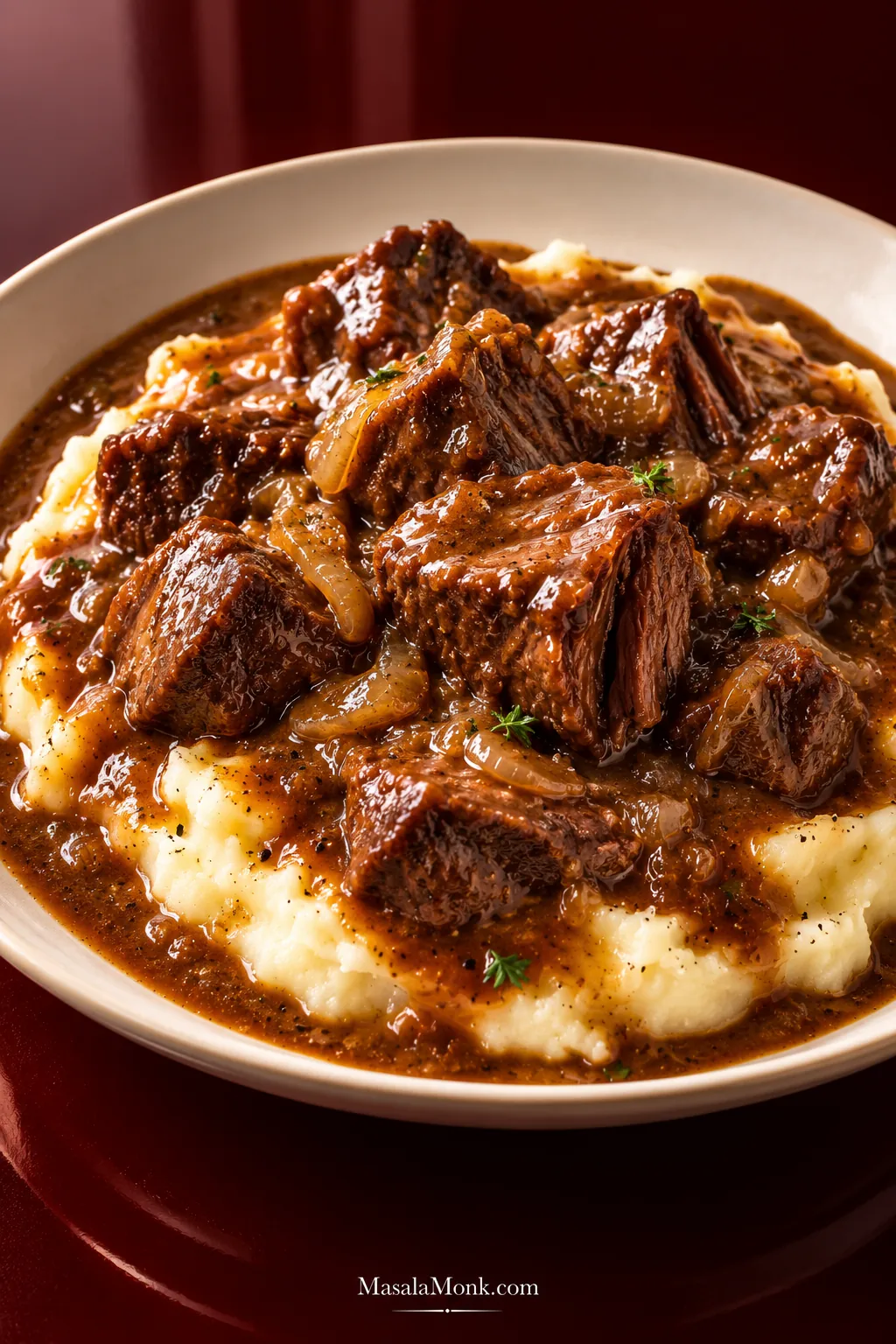 Beef tips coated in glossy brown onion gravy over creamy mashed potatoes on a deep oxblood-red background.