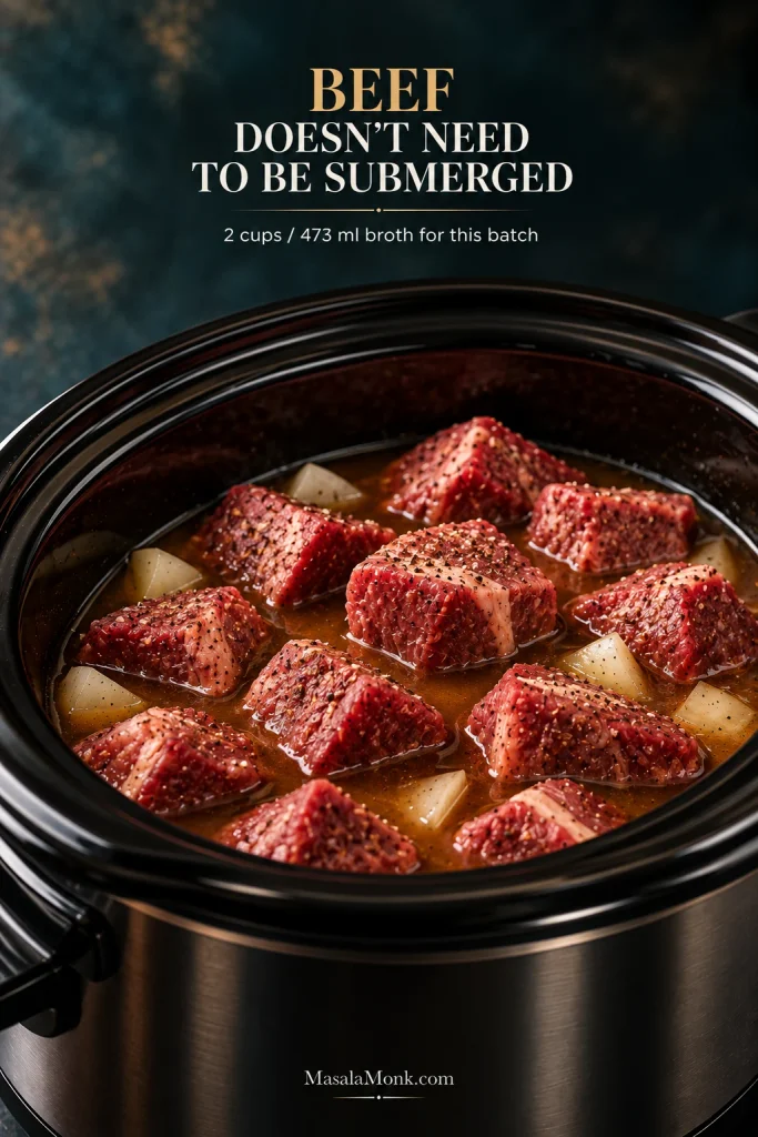 Raw seasoned chuck cubes and onions in a black slow cooker, with several beef pieces sitting above the visible broth level.