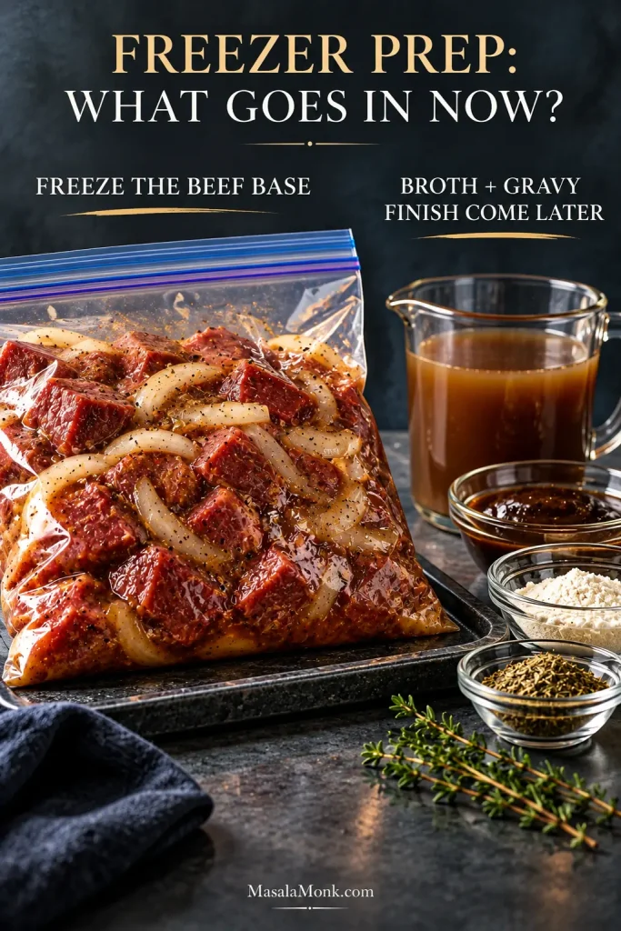 Raw beef and aromatics packed for freezer preparation, with broth and gravy-finishing ingredients arranged separately.