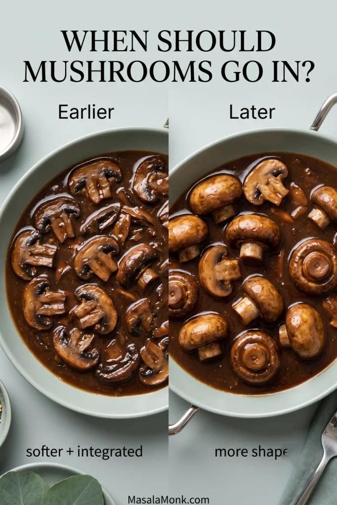 Two cooked cremini mushroom preparations in brown gravy: softer darker mushrooms labeled “Earlier” and plumper defined mushrooms labeled “Later.”