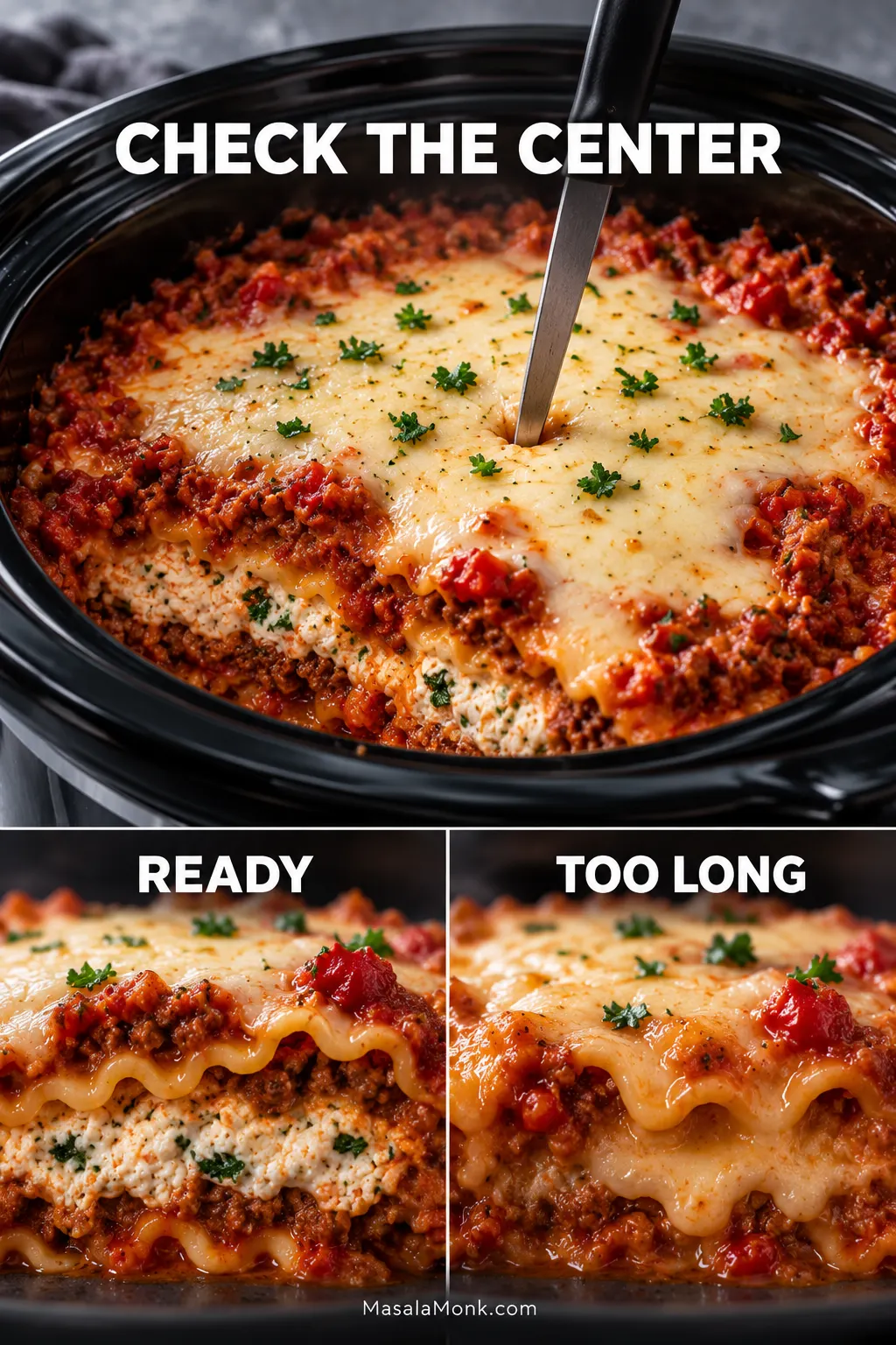 A thin knife checking the center of cooked lasagna in a slow cooker, with close-up comparisons of pasta that is ready and pasta that has cooked too long.