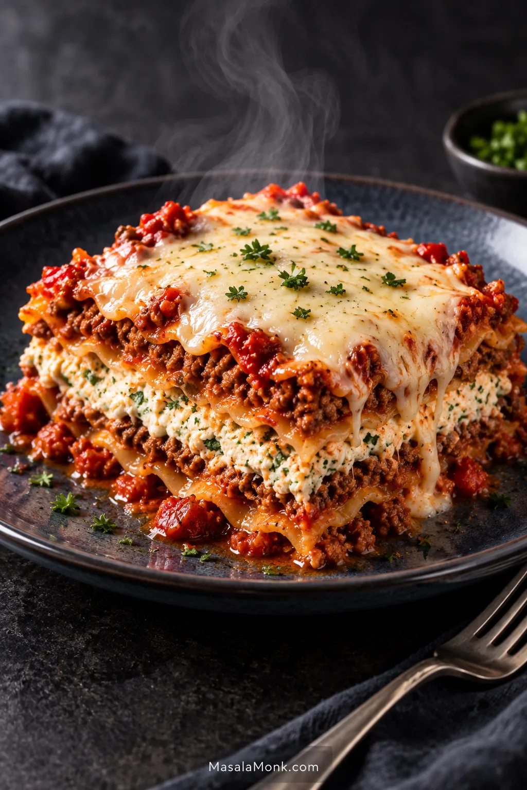 Close-up of a plated lasagna slice showing separate pasta sheets, creamy ricotta, red meat sauce and melted mozzarella.