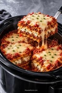 A serving of lasagna being lifted from a black oval slow cooker, showing pasta layers, red meat sauce, creamy ricotta, melted mozzarella and rising steam.