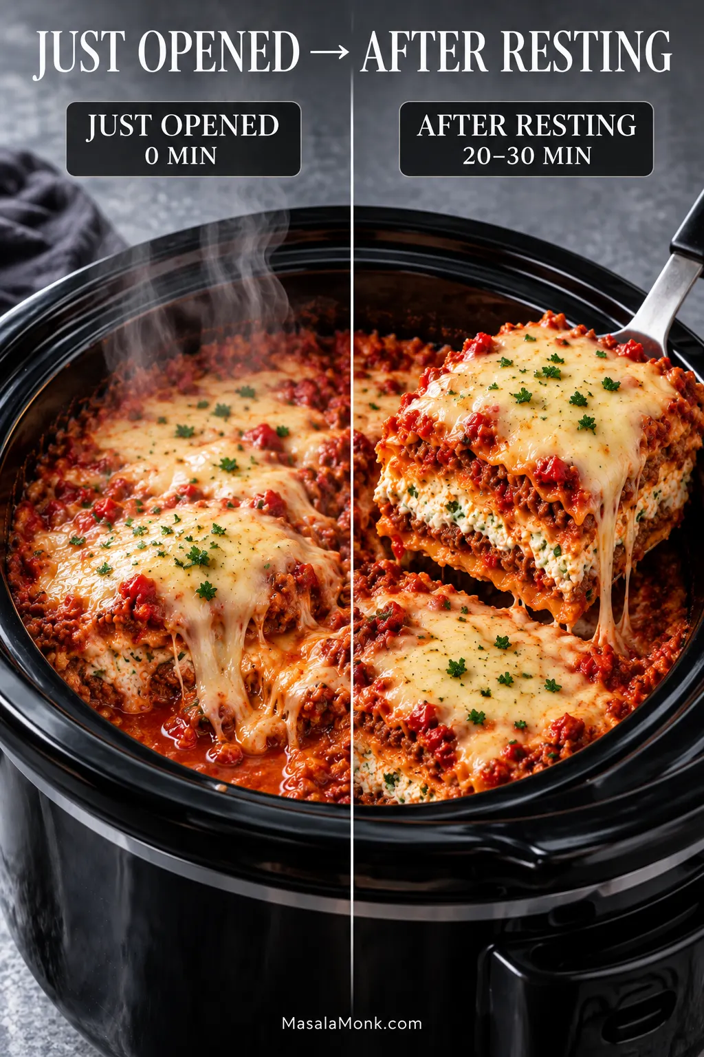 Before-and-after comparison showing loose, freshly cooked lasagna and the same style of lasagna after a 20 to 30 minute rest, with the rested layers appearing more settled.