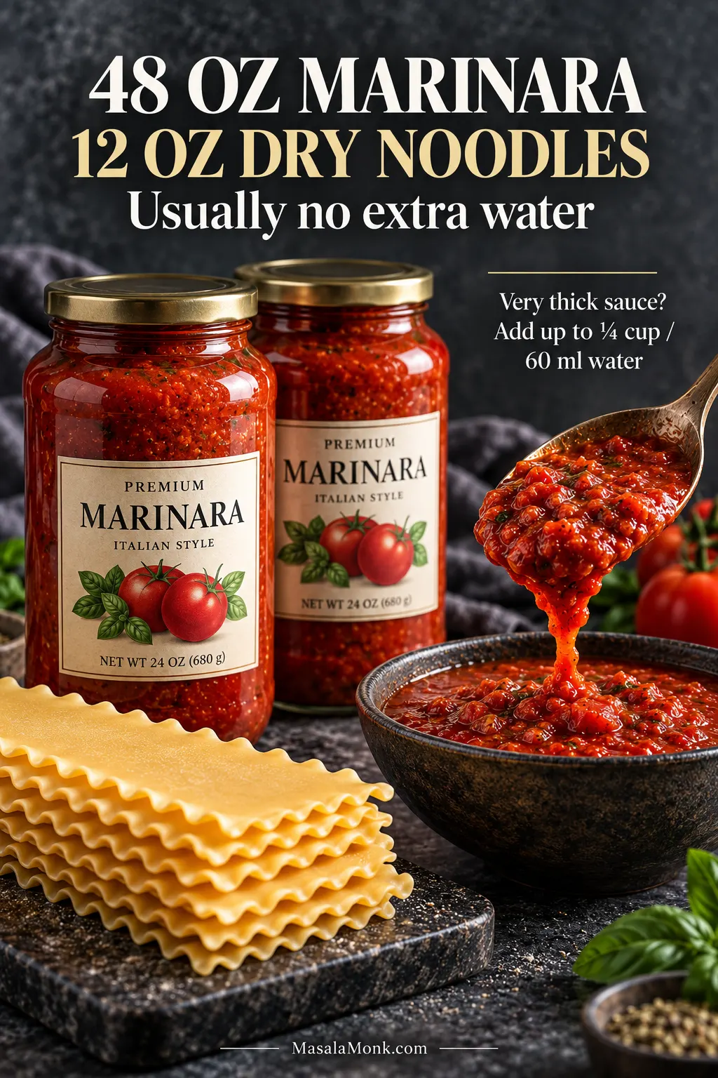 Lasagna moisture guide showing two jars of marinara, dry lasagna noodles and a spoonful of thick meat sauce, with guidance about adding a small amount of water only if needed.