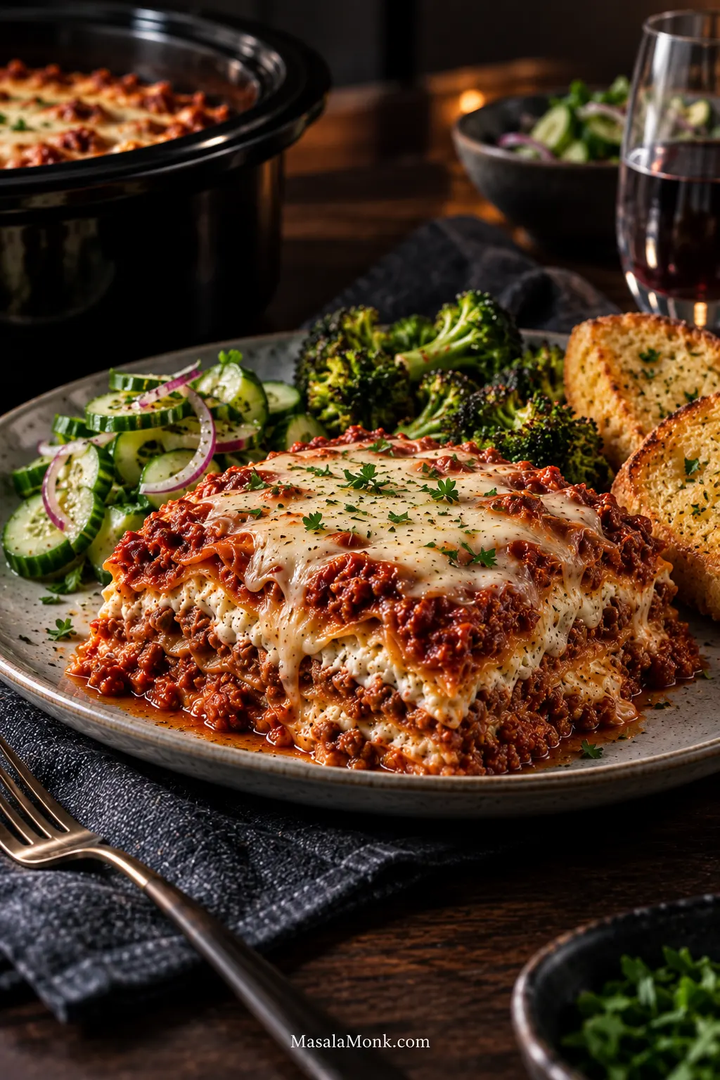 A plated serving of lasagna with cucumber and red onion salad, roasted broccoli and garlic bread on a dark wooden table.