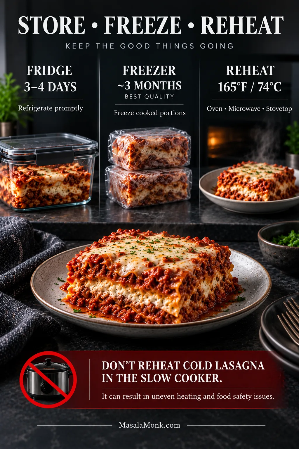 Lasagna storage and reheating guide showing refrigerator storage for 3 to 4 days, freezer storage for about 3 months, reheating to 165 degrees Fahrenheit or 74 degrees Celsius, and a warning not to reheat cold lasagna in a slow cooker.
