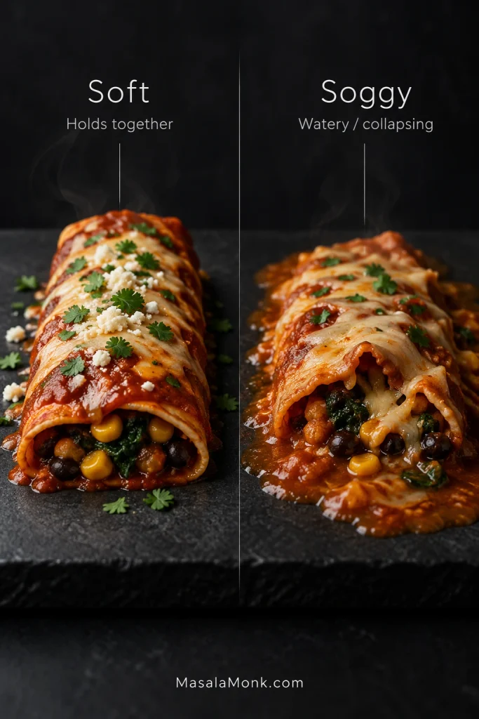 Two enchiladas compared side by side: the soft example remains intact, while the soggy example sits in excess watery sauce with a visibly collapsing tortilla.