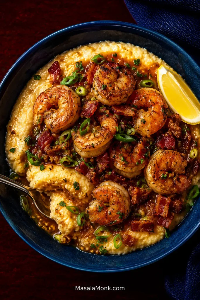 Finished shrimp and grits with browned tails-off shrimp, light pan gravy, bacon, scallions, parsley and lemon.