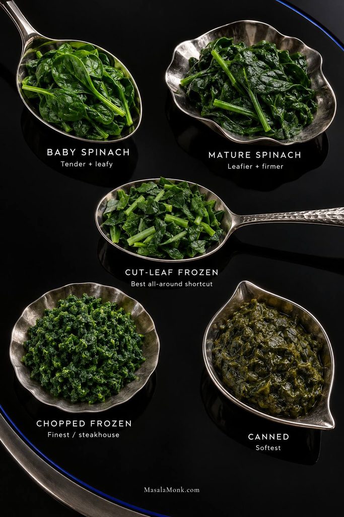Five prepared spinach textures compared: baby, mature, cut-leaf frozen, chopped frozen, and canned, from leafier to softer and finer textures.