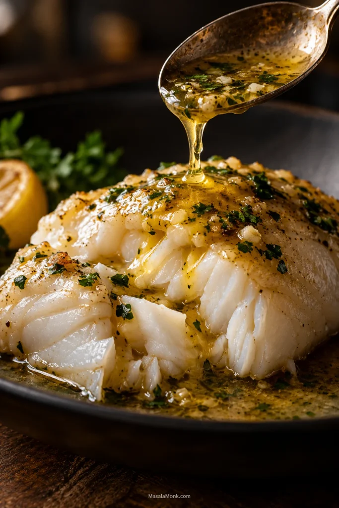 A spoon pours golden lemon garlic butter over the open moist flakes of a cooked cod portion.