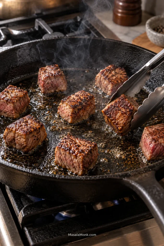 Steak bites spaced apart in a hot cast-iron skillet as metal tongs turn one piece to reveal its deeply browned underside.