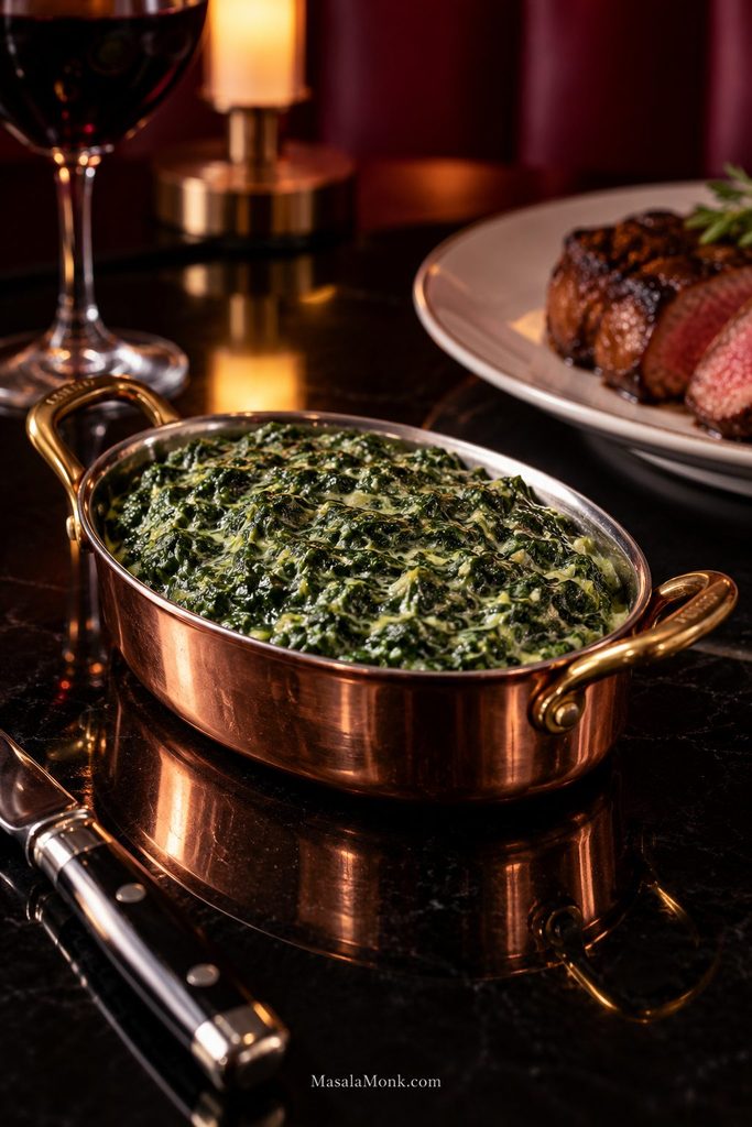 Finely chopped steakhouse-style creamed spinach in a silver serving dish, with browned steak softly blurred in the background.