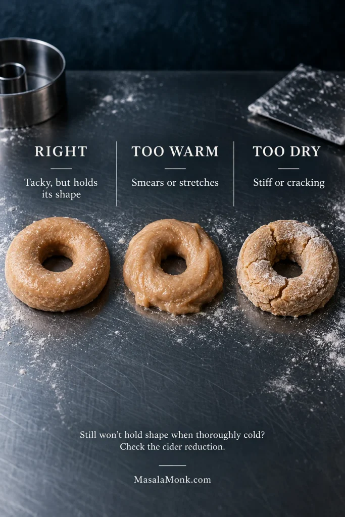 Three raw donut rings compare correct tacky dough, overly warm dough that smears, and dry dough with visible cracks.
