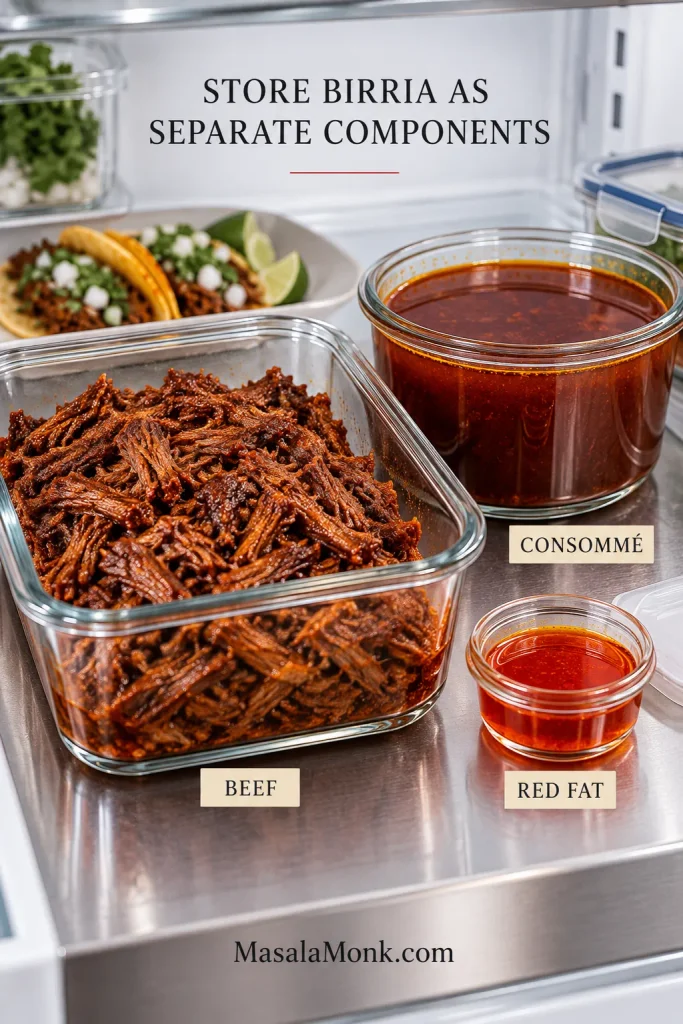 Separate glass containers holding shredded birria beef, dark consommé and a much smaller portion of red birria fat on a stainless shelf.