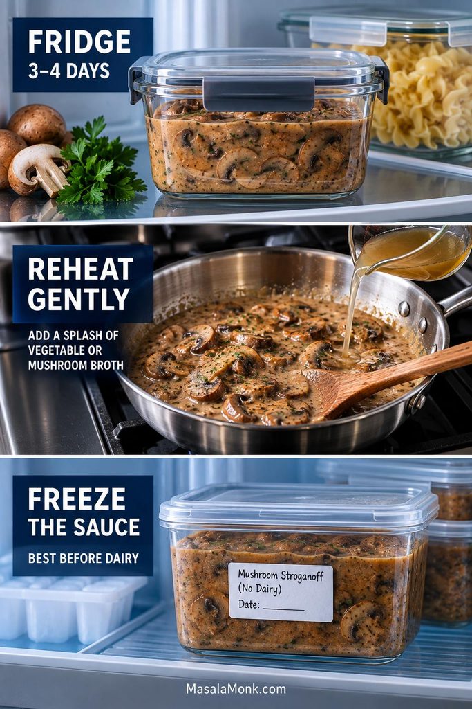 Three-panel storage guide showing mushroom stroganoff sauce refrigerated in a sealed container, gently reheated with vegetable or mushroom broth, and frozen in a sealed container before dairy is added.