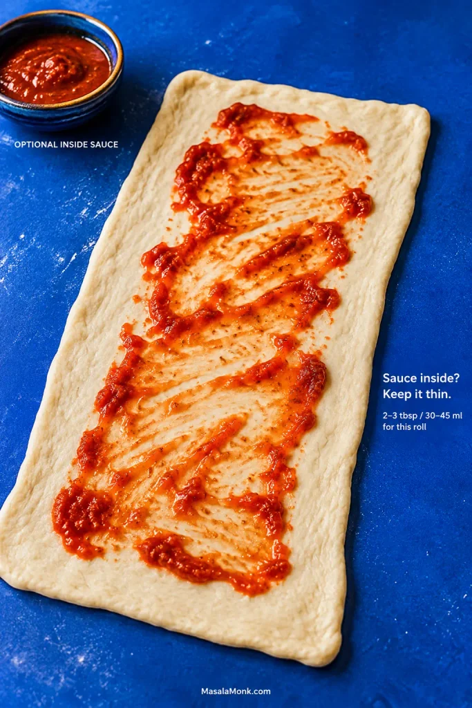 Rectangular pizza dough with a sparse, streaky layer of marinara and large areas of bare dough still visible.