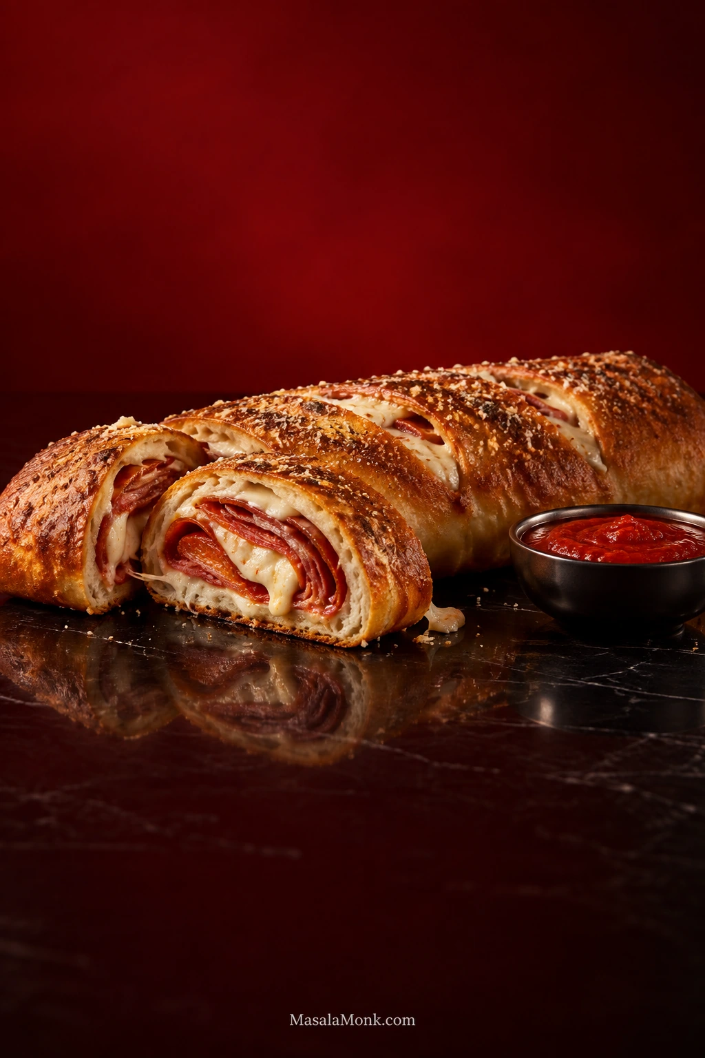 Golden baked Stromboli partly sliced to reveal pepperoni, salami and melted cheese, with a small bowl of marinara beside it.