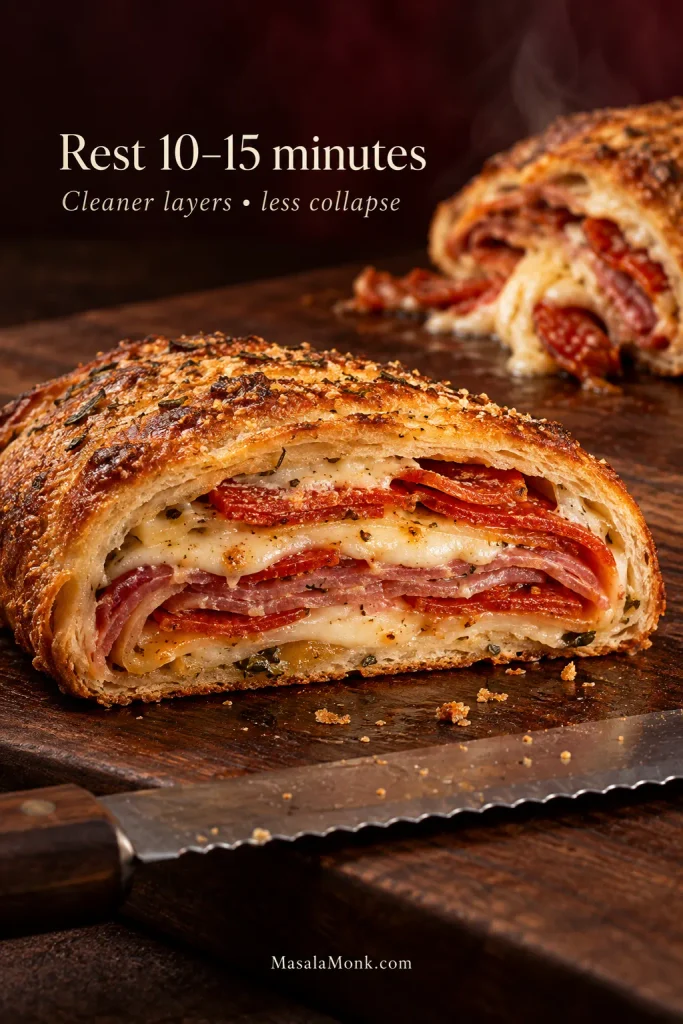 Rested Stromboli slice with clean layers in front while a freshly cut slice behind appears softer and less stable.