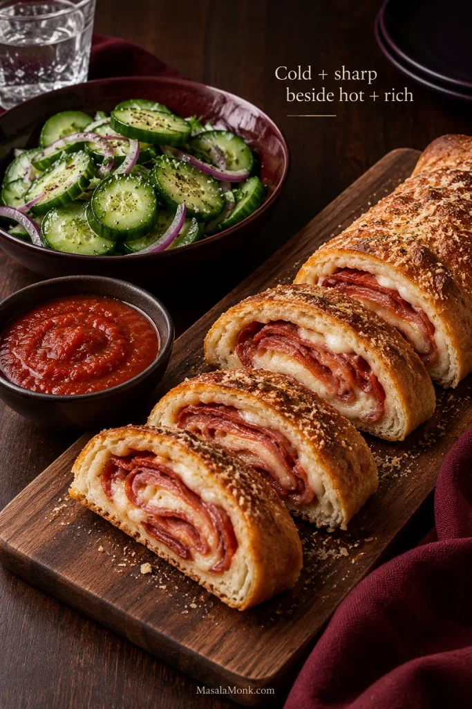 Stromboli slices served with red marinara and a fresh cucumber salad on a dark wooden table.