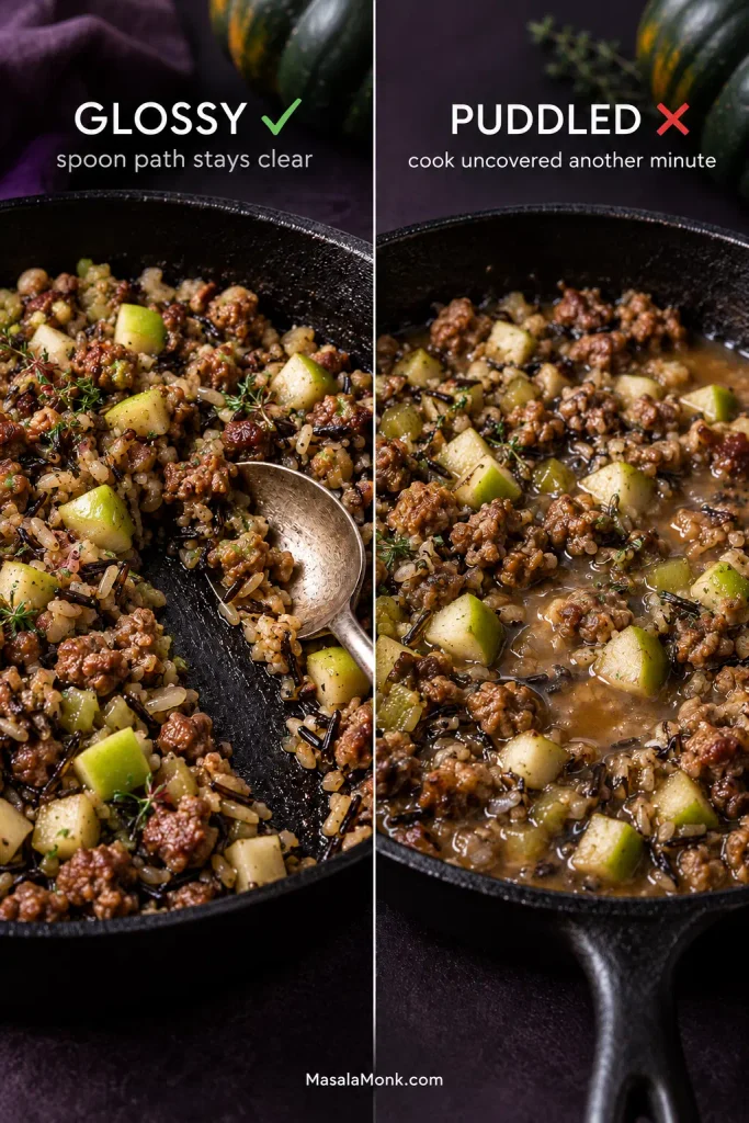 Side-by-side comparison of glossy sausage, wild-rice and green-apple filling with controlled moisture versus watery filling with visible liquid pooling.