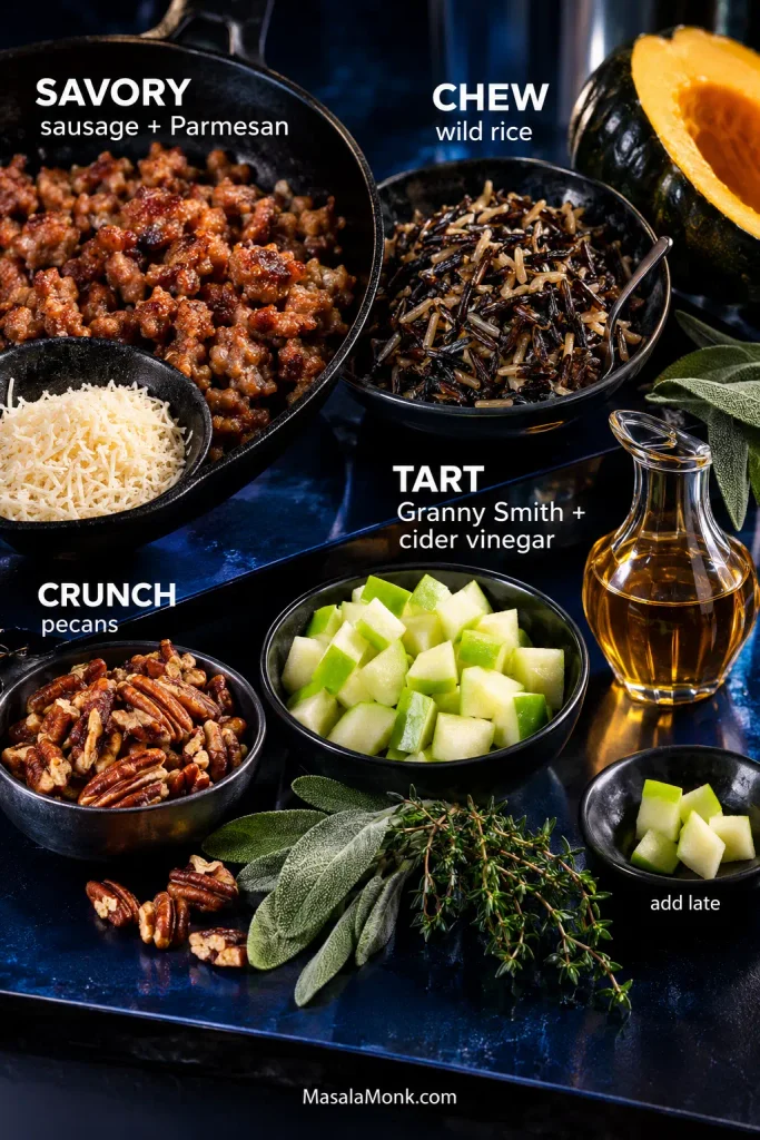 Ingredient arrangement with browned sausage, wild rice, Granny Smith apple, cider vinegar, pecans, Parmesan and herbs for stuffed acorn squash filling.