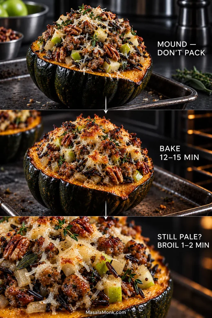 Three-stage view of filling loosely mounded into roasted acorn squash, baked until hot, then briefly broiled for browned exposed edges.