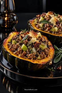 Two roasted acorn squash halves filled with browned sausage, wild rice, green Granny Smith apple, toasted pecans, herbs and Parmesan on a dark serving surface.